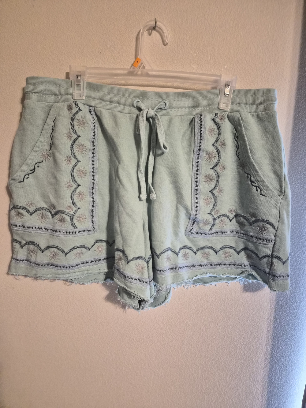 Anthropologie Embroidered Scallop Knit Shorts Mint Green Size XL Raw Hem